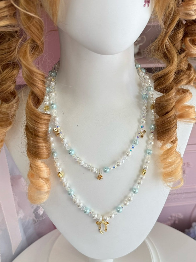 And Bowknot Pink/Blue Pendant Beaded Necklace Floral