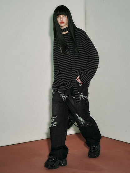 Punk Star Black Striped Top Pins Sleeves and Loose Gray Long