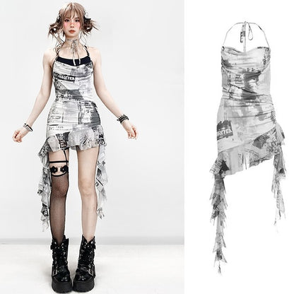 ダイタイデザイン + チェック柄キャミソールドレス トップネック アシンメトリースカートディテール ホワイト ブラックヘム ホルターネック スパイダーウェブ