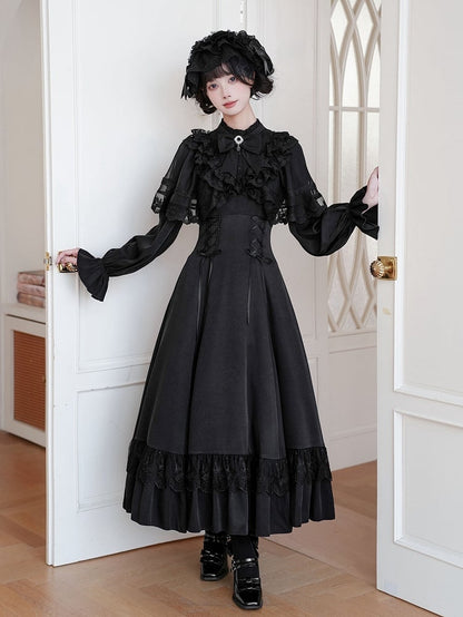 Neckline Lace-up Ruffle with Lolita Dress Shawl Detachable Waist Black Elegant
