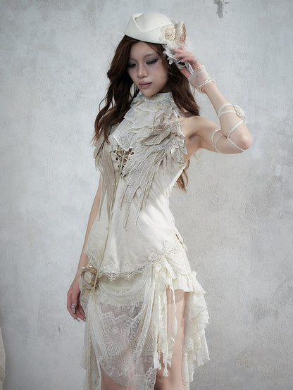 Beige Wing-Embroidered Corset Top with Lace Accents - NO ROMANCE