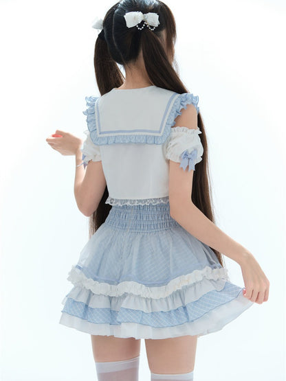 Azure Sailor Collar Blouse with Ruffled Cutout Sleeves - Puppet Bombs