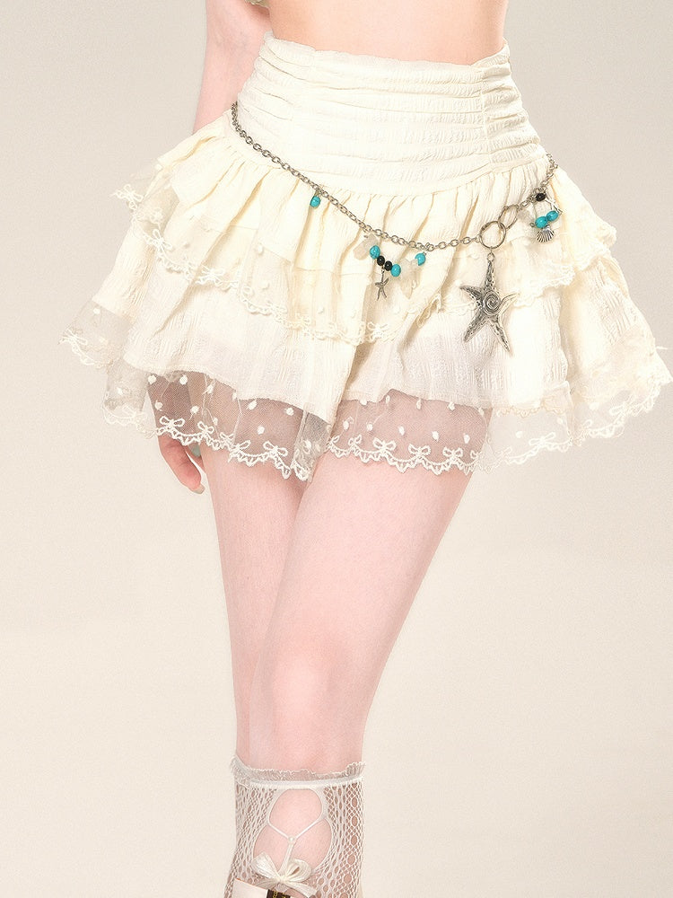 ウエストハイアプリコットスカートメッシュレーストリムグラマラスティアードミニ