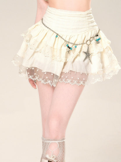 ウエストハイアプリコットスカートメッシュレーストリムグラマラスティアードミニ