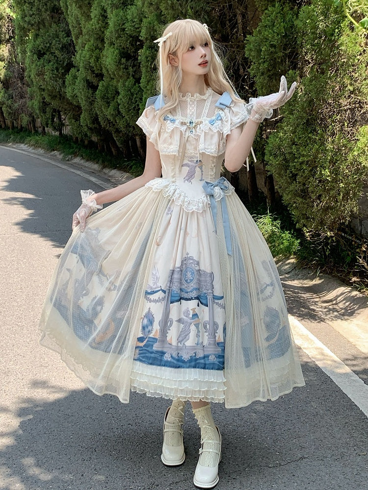 Edward Basque Lolita Print Kleid Klassischer Hals Elegantes Engelsstück Taille Eins