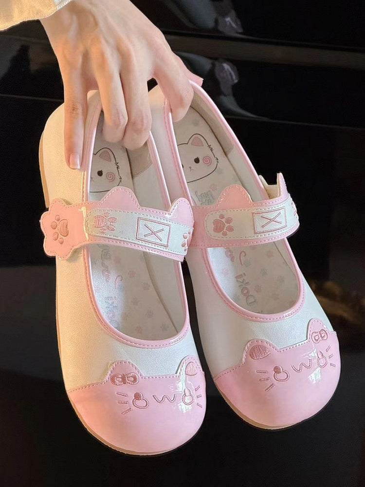 Runde PU-Zehenpartie aus Leder – mit flachen Schuhen Pink Sweet Lolita