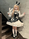 Beige Lace JSK Embellished Heart Sweet and Dress Black Ruffles with Bow Lolita Patch