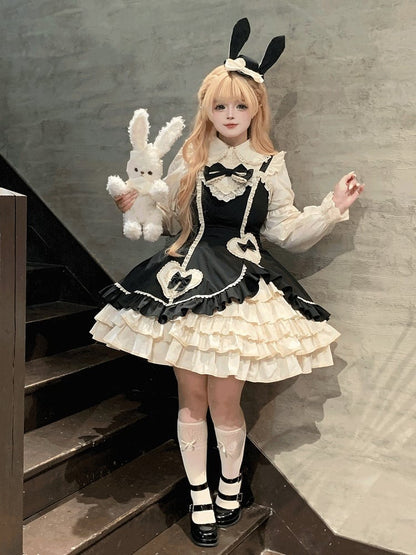 Beige Lace JSK Embellished Heart Sweet and Dress Black Ruffles with Bow Lolita Patch