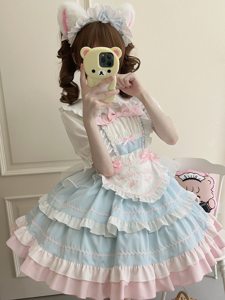 Blue JSK Sweet Bow / Apron Lolita Full Maid Ruffle Set Dress + Heart