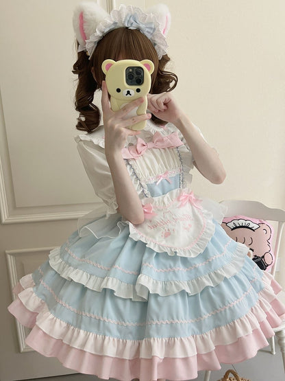 Blue JSK Sweet Bow / Apron Lolita Full Maid Ruffle Set Dress + Heart