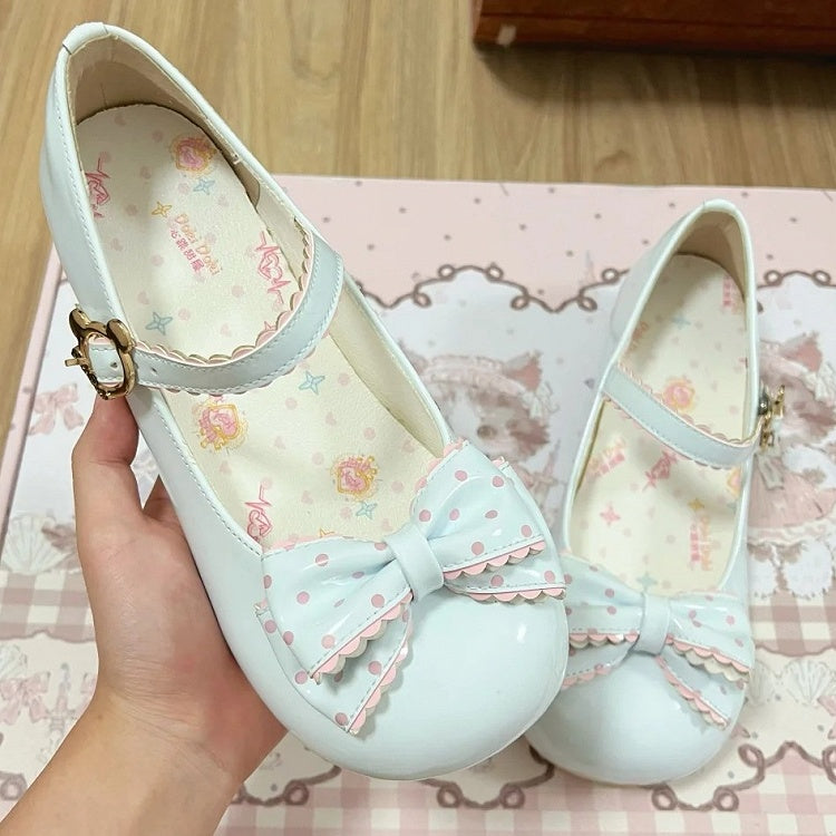 Round Lolita Bow Mary Blue in Jane Toe Polka Shoes 2.5cm Dot Bear PU Sweet with and Embellishment Buckle Charming
