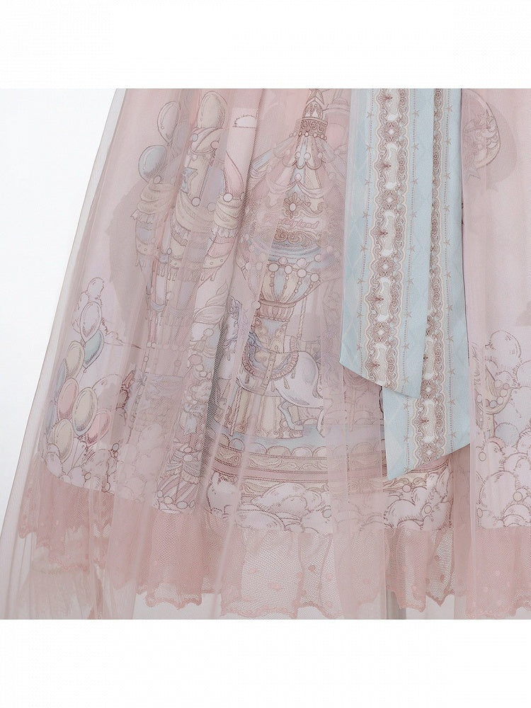 Amusement Park Themed Sleeveless Lolita Frock in Sweet Pink & Blue with Lace Choker - Xiong Dou Jiang