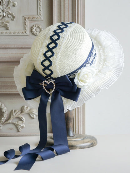 with – 5 Lace-Trimmed Bows Flowers Lolita Straw Options Hat Color and