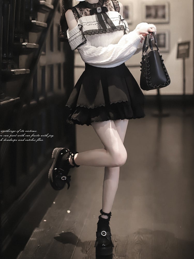 Design Double-Layer Waist Jirai Skirt: Black Kei Style with Bows Rhinestone-Embellished
