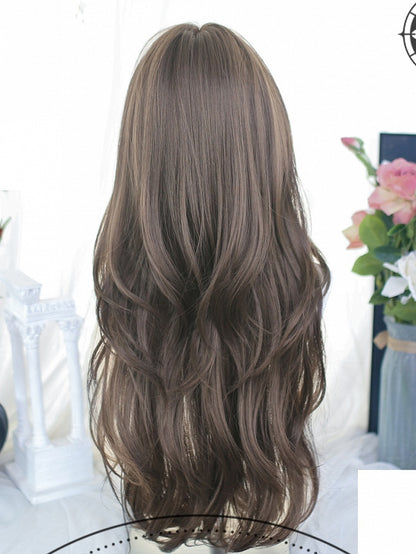 65-70cm Wigs Brown Bangs Wavy Long With Air