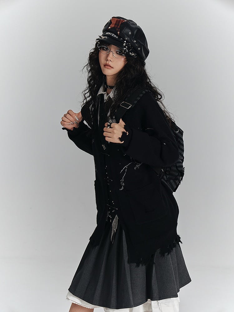Cardigan Rhinestone Hem Placket Black Frayed V-Neck with Punk Three-Pin Knit