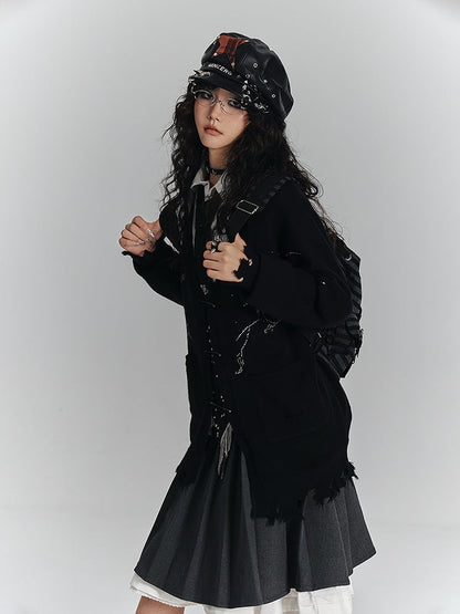 Cardigan Rhinestone Hem Placket Black Frayed V-Neck with Punk Three-Pin Knit