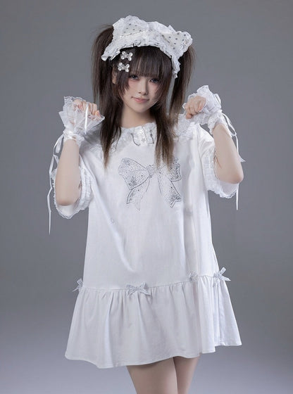 Peter Pan Collar Short Sleeve T-Shirt Dress with Print & Bows - Fluffy Heart