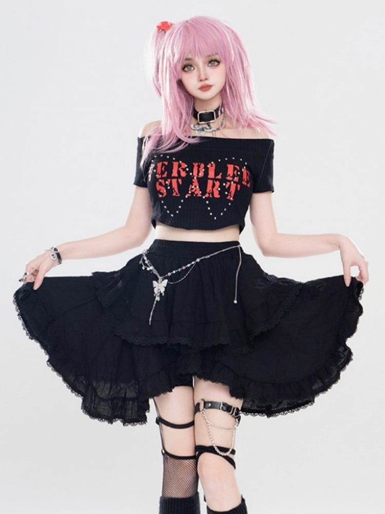A-line Tiered With Hem Handkerchief Skirt Pleated Black