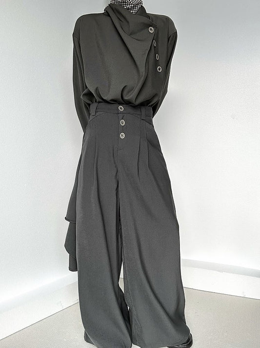 Gray Draped Fly Ouji High-Waisted with Panel Pants Wide-Leg Three-Button Lolita
