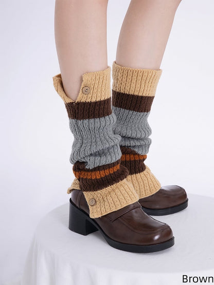 Leg with Design Block Knitted Retro Color Warmers Brown/Off-White Decoration Button