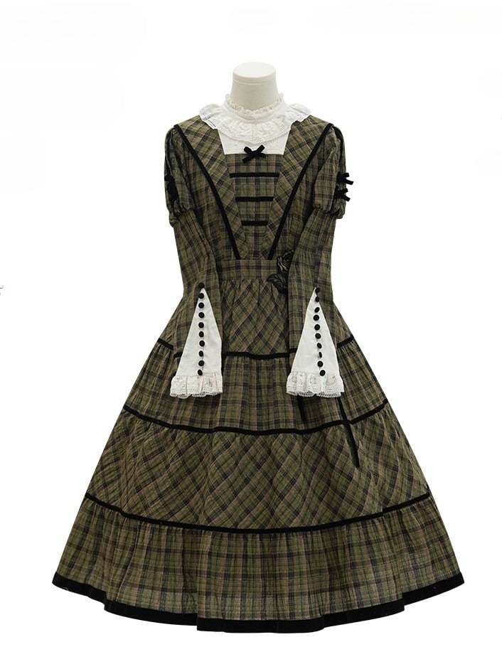 mit Ärmeln, elegantes, klassisches kariertes Kleid und schwarzem, langem Ausschnitt, grüne Paspelspitze, Lolita