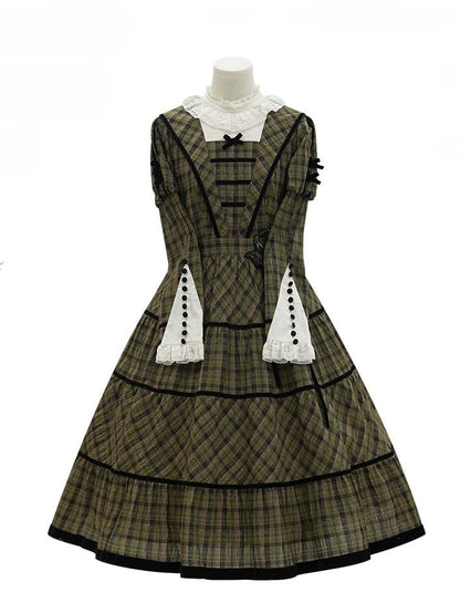 mit Ärmeln, elegantes, klassisches kariertes Kleid und schwarzem, langem Ausschnitt, grüne Paspelspitze, Lolita