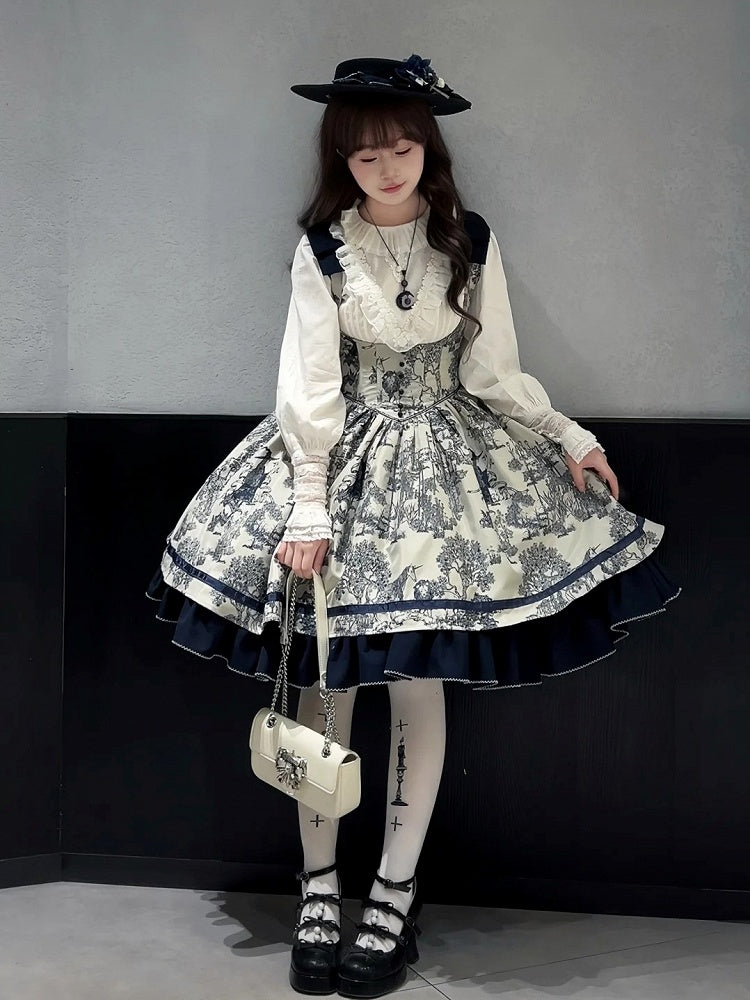 Bust Dark Bowknot Blue Straps Basque Skirt Waist Jumper Lolita Under Shoulder