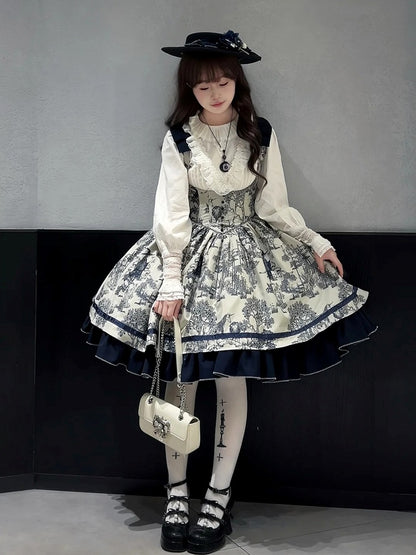 Bust Dark Bowknot Blue Straps Basque Skirt Waist Jumper Lolita Under Shoulder