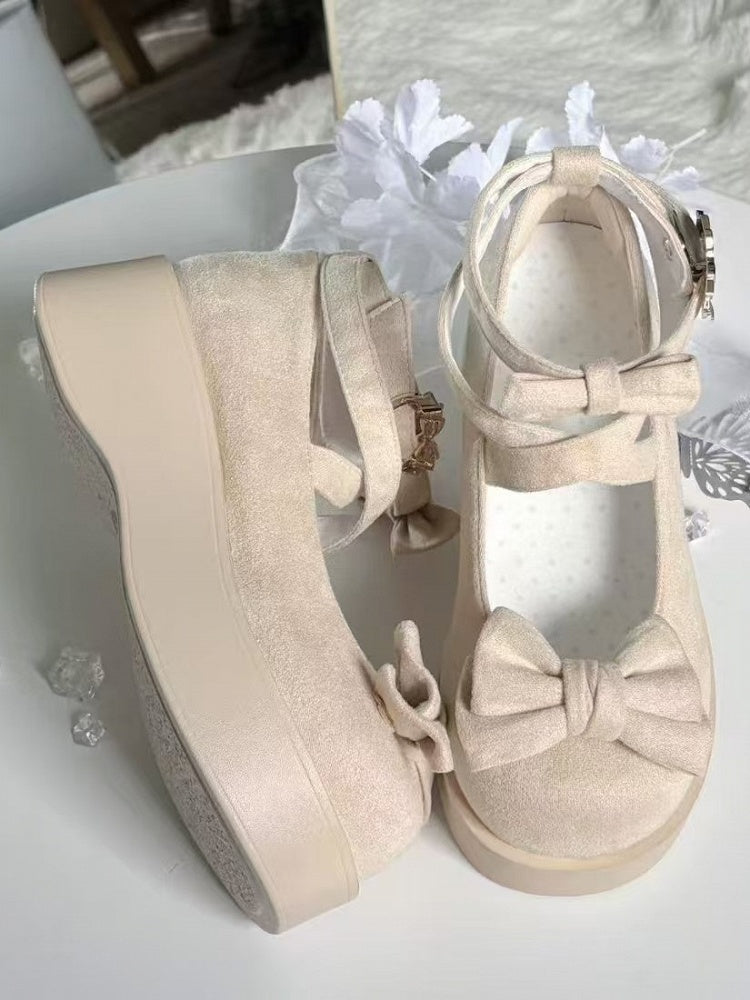 Shoes Bow Sweet Lolita Platform Fastener Heart with Off-white Decor