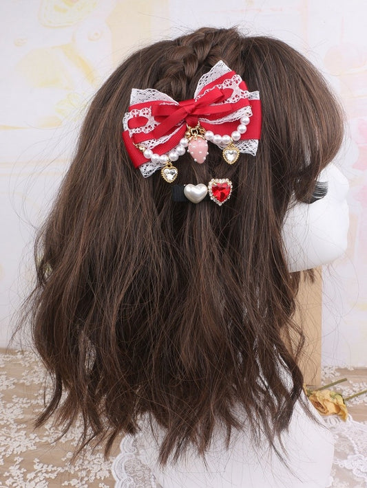Kei Pearl Color Chian Hairclips Jirai Charm Strawberry Set Options 6 Bowknot
