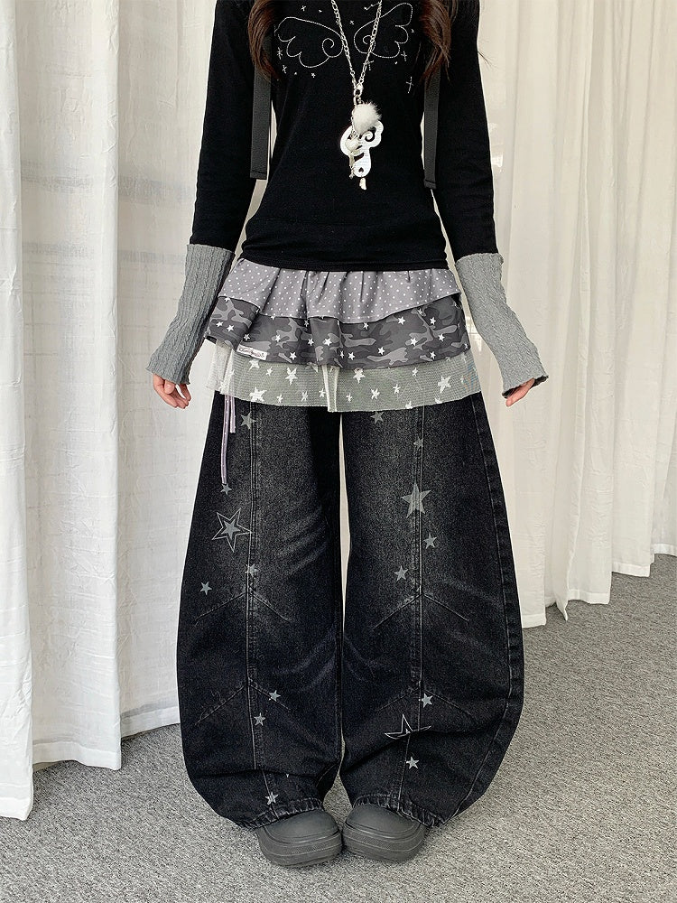 Pattern Jeans Star Wide-leg Distressed with Y2K Design Black