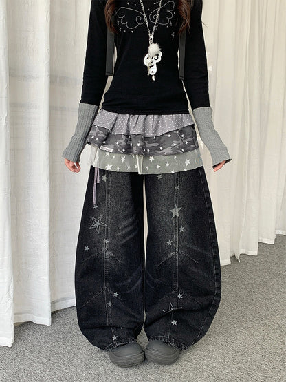 Pattern Jeans Star Wide-leg Distressed with Y2K Design Black