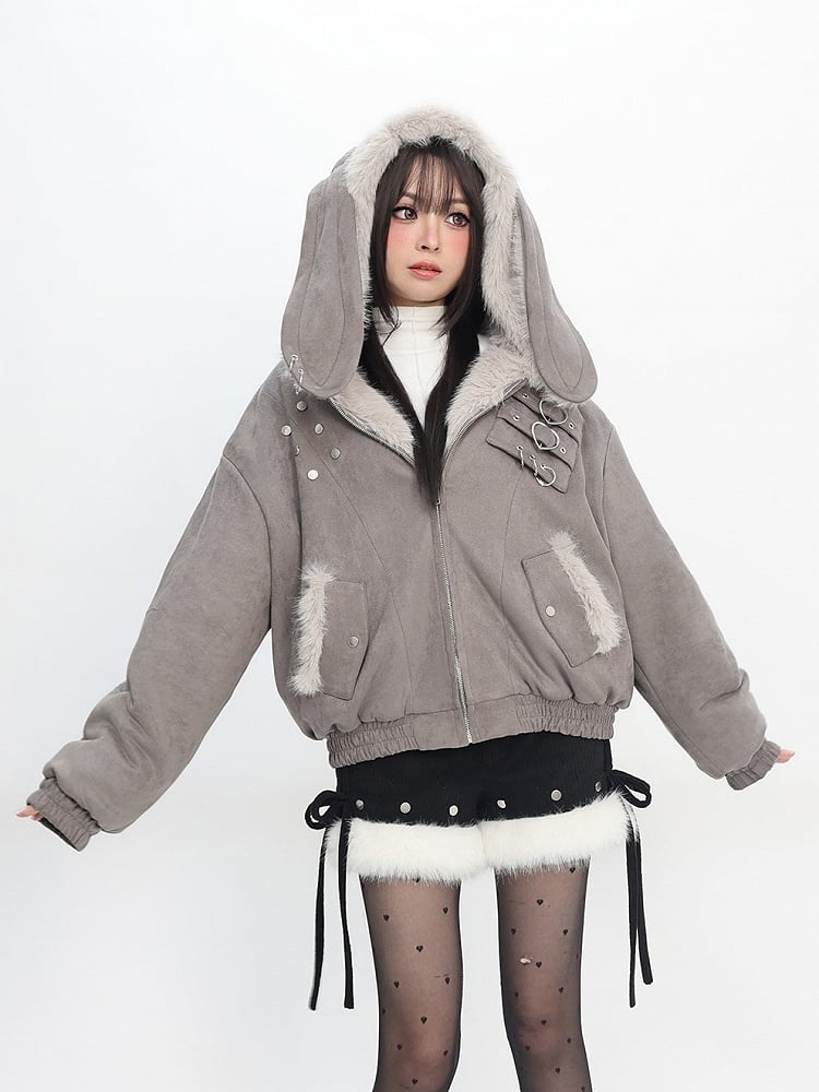 Grey Blouson Bunny lining - Bittersweet Hoodie Ear Jacket Y2K in Fleece