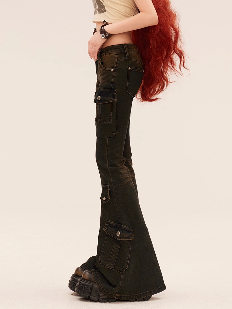 Pockets Flared Jeans Rise Cargo Black Low