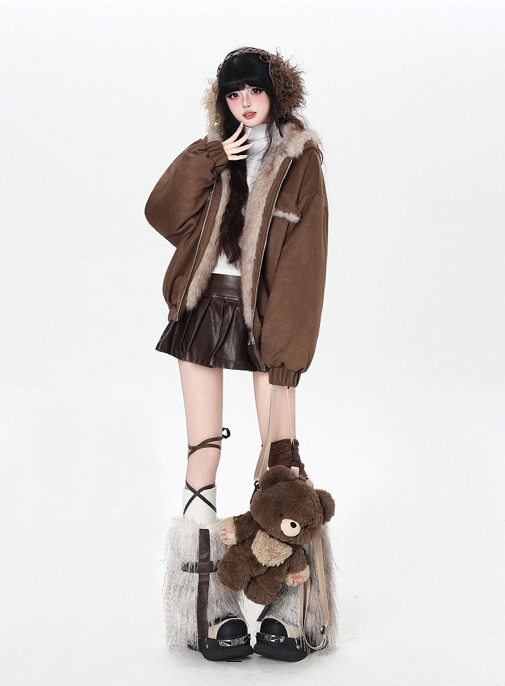 Padded Elastic Hem Hooded Ear with Brown Jacket Rabbit Cuffs