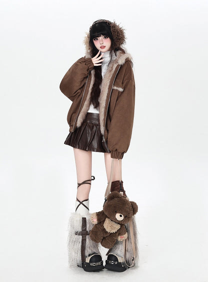 Padded Elastic Hem Hooded Ear with Brown Jacket Rabbit Cuffs