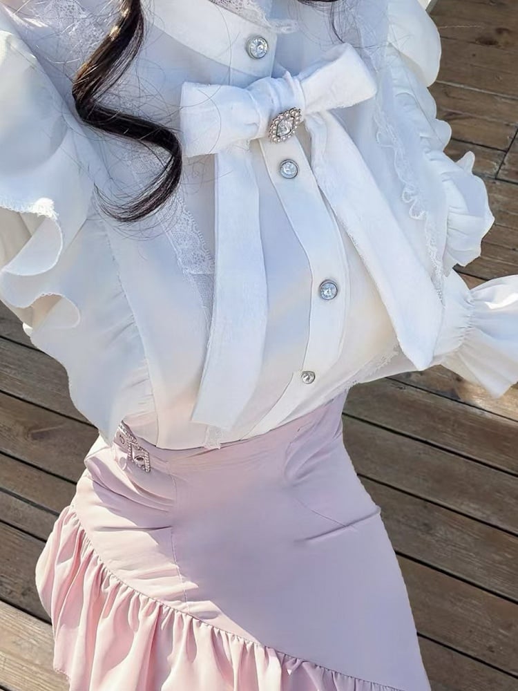 Pink - Ruffled Mermaid Rhinestone Style Long-Sleeve Two-Piece Jirai White Bow Pure Set Kei + Top Skirt