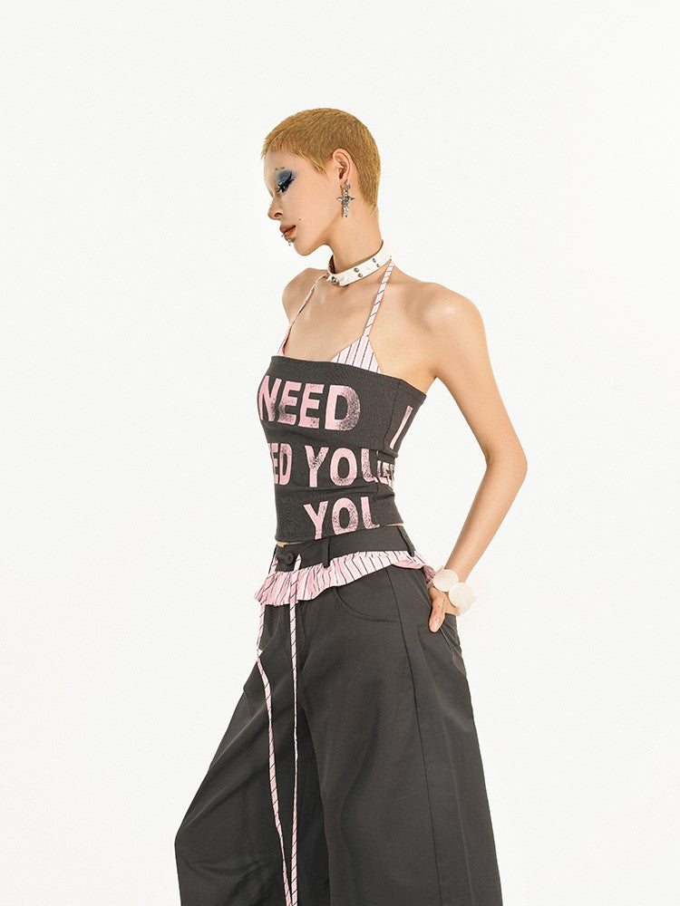 Halter Bra Crop Tube Top  Striped Padded Lettered Trendy Two-Piece Set: Black  Pink