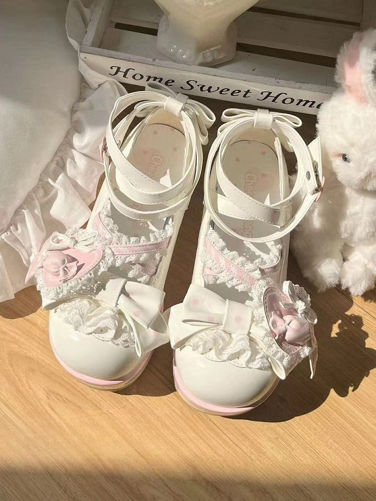 Straps White with Details Design Candy Lace Shoes Bow Sweet and Pink Lolita Heart Shoe Round-Toe Clip Ruffled - Crisscross