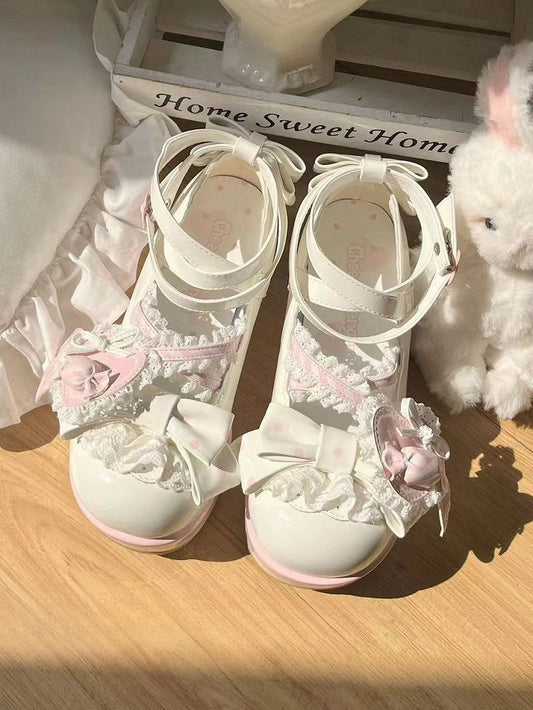 Straps White with Details Design Candy Lace Shoes Bow Sweet and Pink Lolita Heart Shoe Round-Toe Clip Ruffled - Crisscross