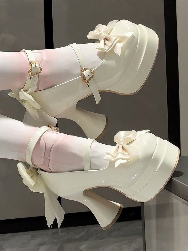 with Platform Heels Accents Bow Sweet Lolita Round-Toe High White