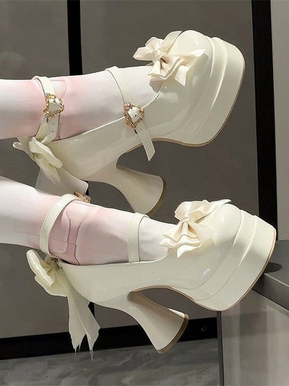 with Platform Heels Accents Bow Sweet Lolita Round-Toe High White