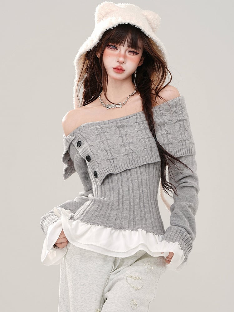 Grey/Navy Blue Off-the-shoulder Neckline Slim-fit Sweater Patchwork Hem and Cuffs