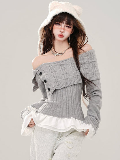 Grey/Navy Blue Off-the-shoulder Neckline Slim-fit Sweater Patchwork Hem and Cuffs