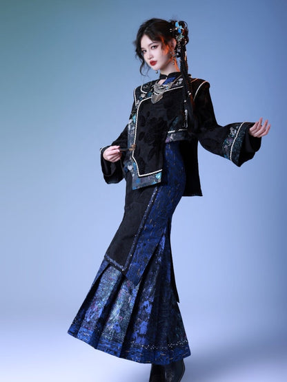 Chinese Style Long Bell Sleeve Top with Floral Embroidery - sijinstudio