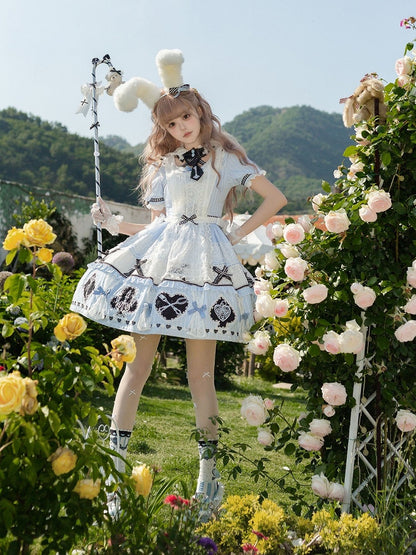 Alice in Wonderland Theme Lolita OP Dress Set with Apron & Rabbit Ear Collar Accessory - Circular chronology Lolita