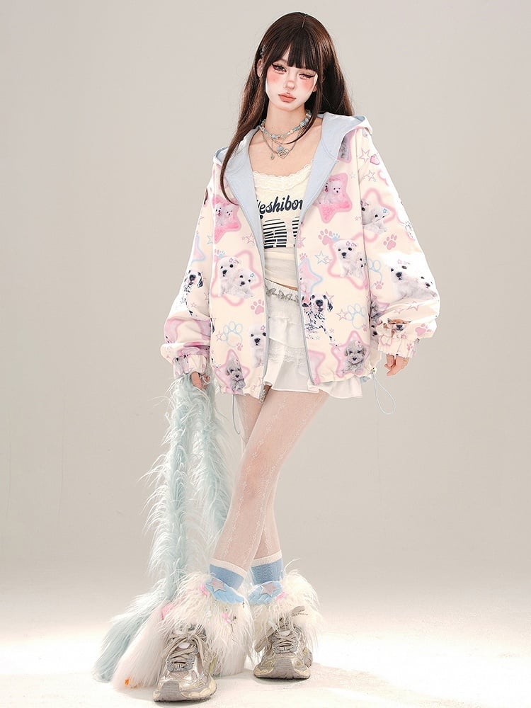 Blue Cute Puppies Pattern Reversible Zip Hoodie