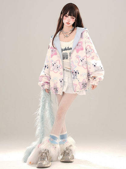 Blue Cute Puppies Pattern Reversible Zip Hoodie