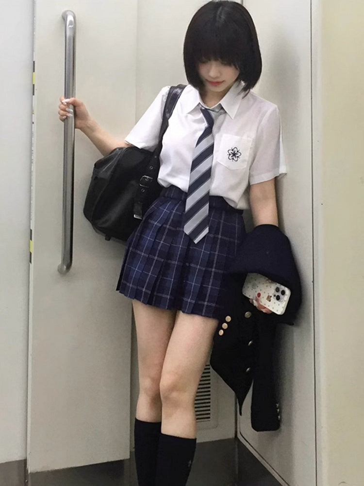 Preppy Sakura Shirt Embroidery Style White/Gray/Blue